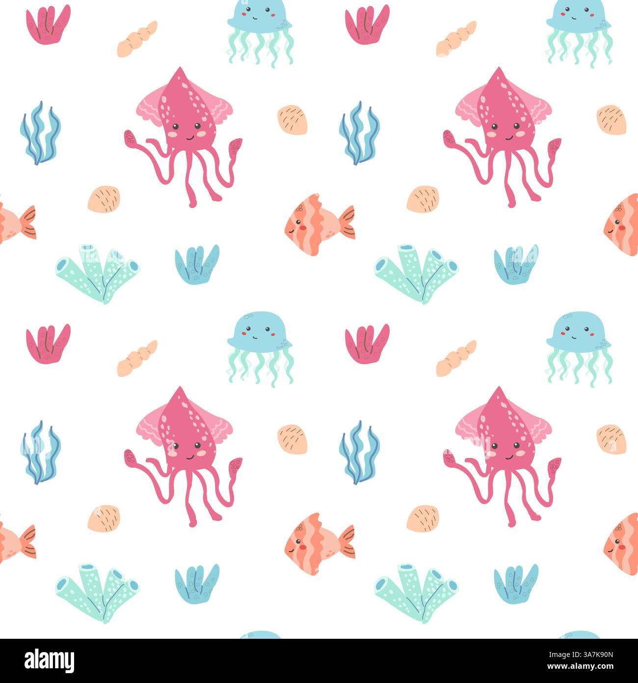 Cute marine creatures pattern with squid, jellyfish, and fish on white background. Stock Vector