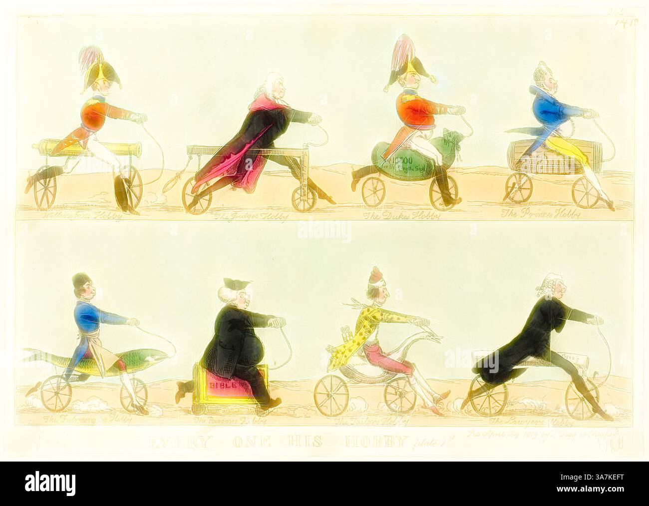 A whimsical scene featuring a series of playful figures each riding