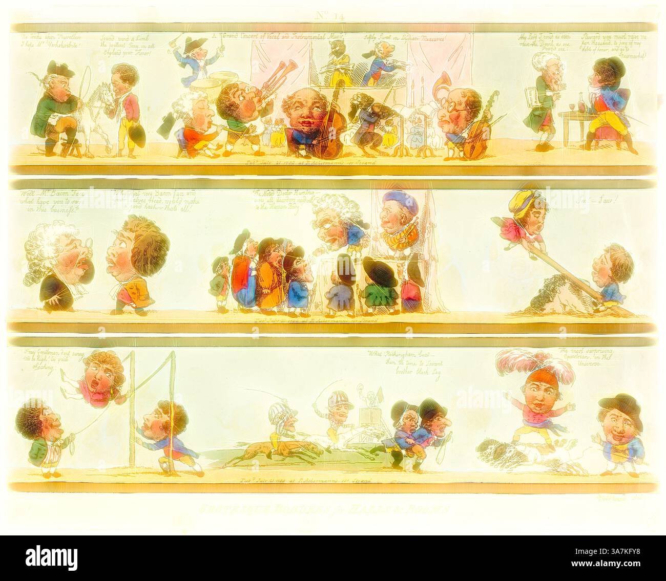 A series of whimsical scenes featuring playful caricatures of various ...