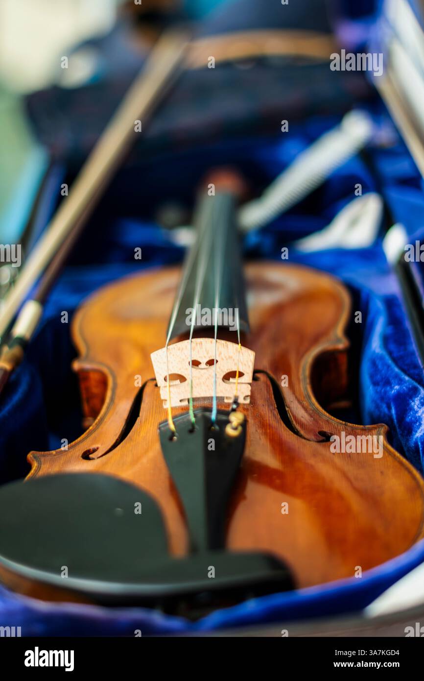 Violin in a blue violin case. Stock Photo