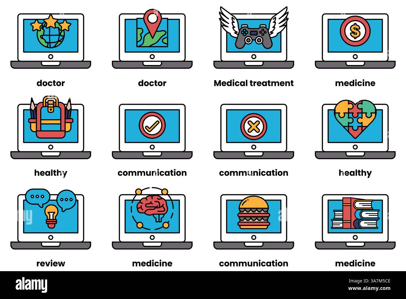 A Set of illustrations in the concept of laptops and things in line art style Stock Vector