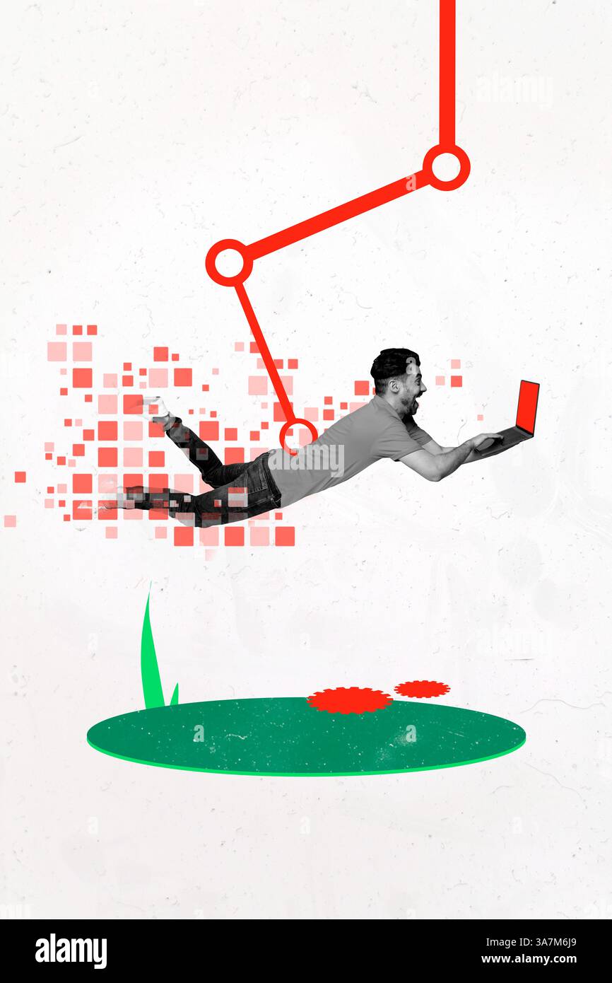 Vertical sketch 3d artwork collage poster of happy man hold laptop type ...