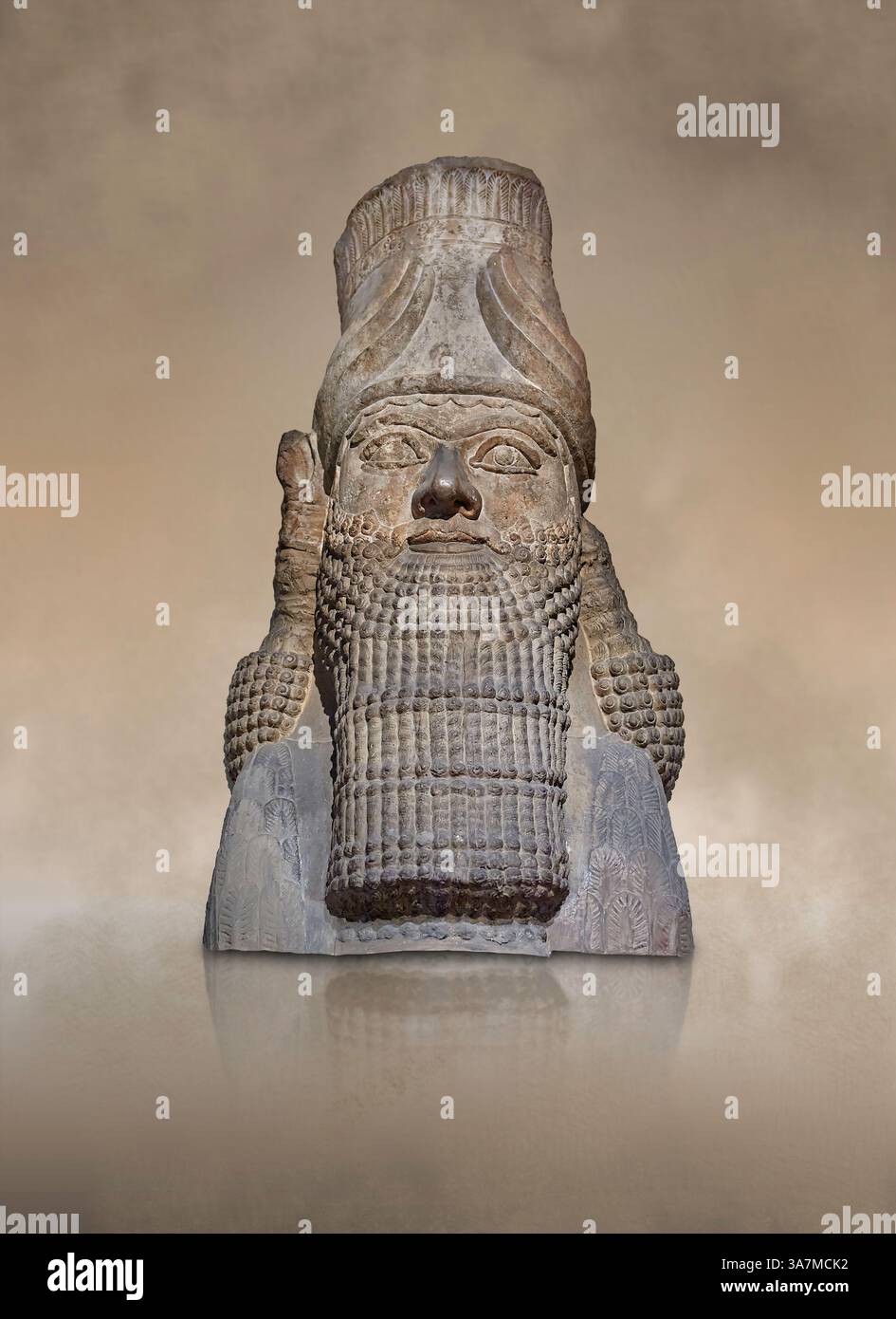 Assyrian gypsum sculpture of a human-headed winged bull. 670 BC, Nimrud South West Palace, British Museum inv no 118893. Stock Photo