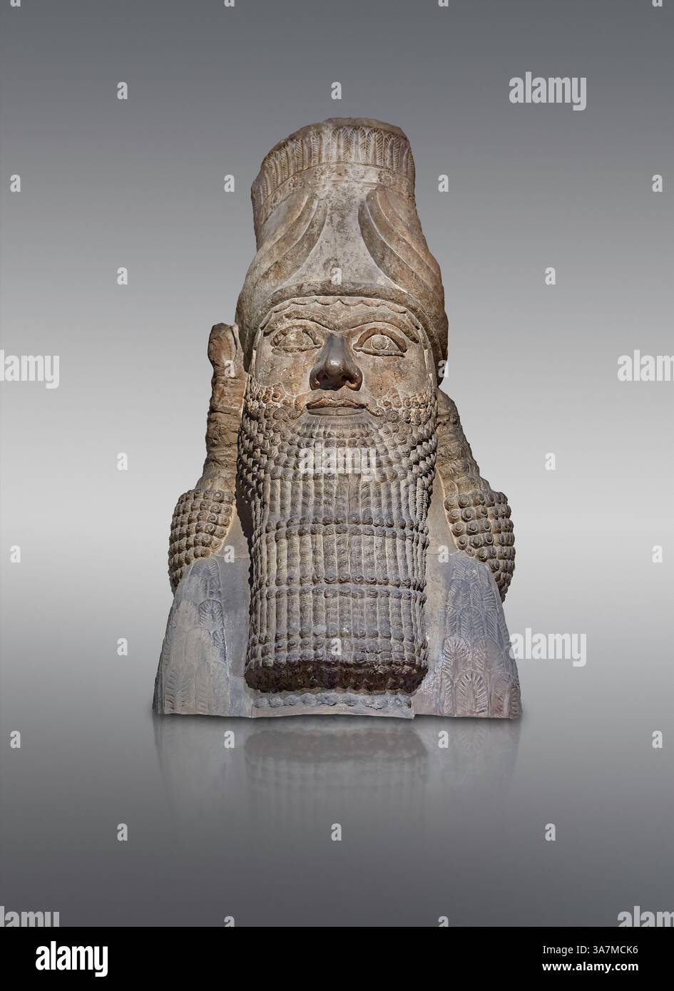 Assyrian gypsum sculpture of a human-headed winged bull. 670 BC, Nimrud South West Palace, British Museum inv no 118893. Stock Photo