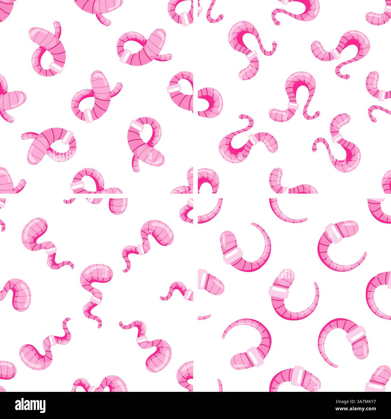 Pink Earthworms Seamless Pattern Crawling on White Background Stock Vector