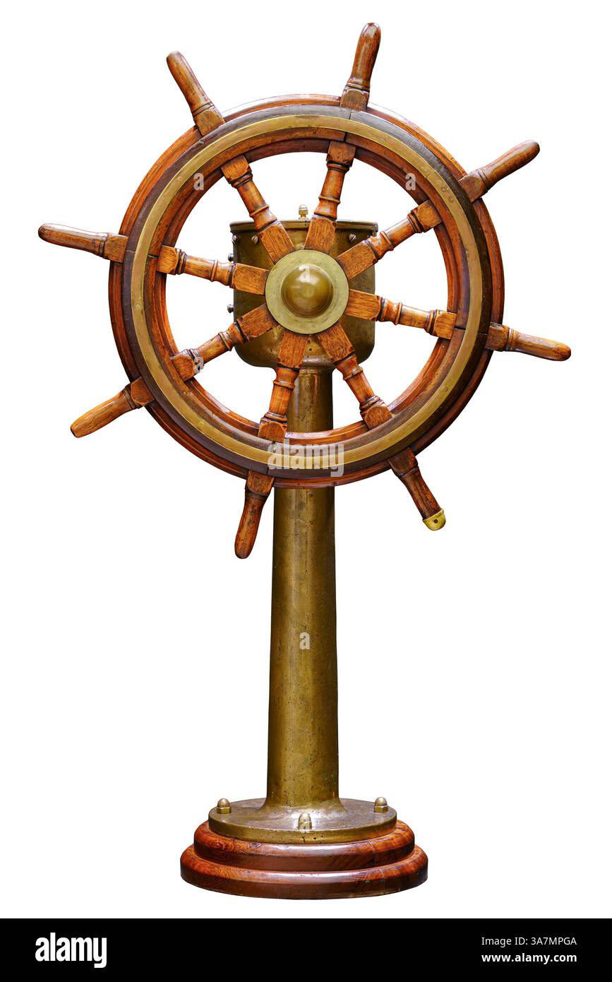 Wooden antique ship steering wheel isolated on white background Stock ...