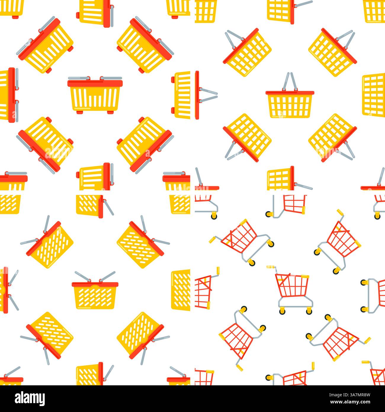 Shopping carts and baskets forming a seamless pattern on white background Stock Vector