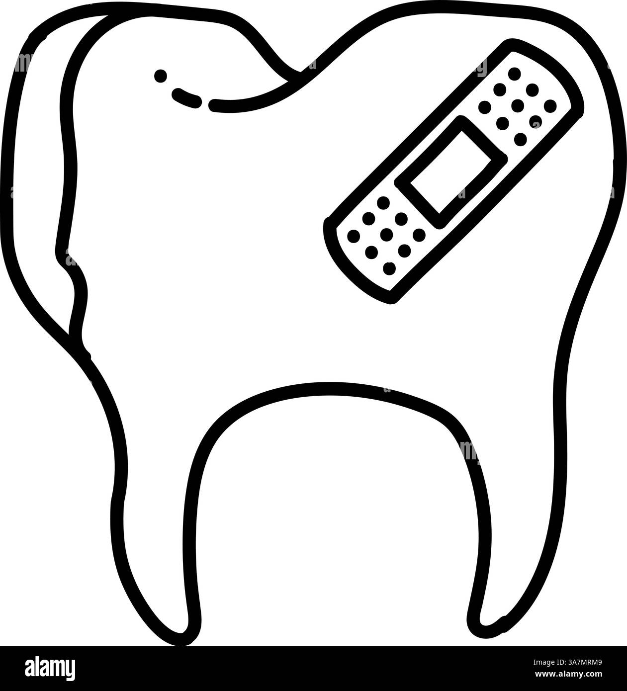 Tooth with bandage icon. Hand drawn vector illustration. Editable line ...