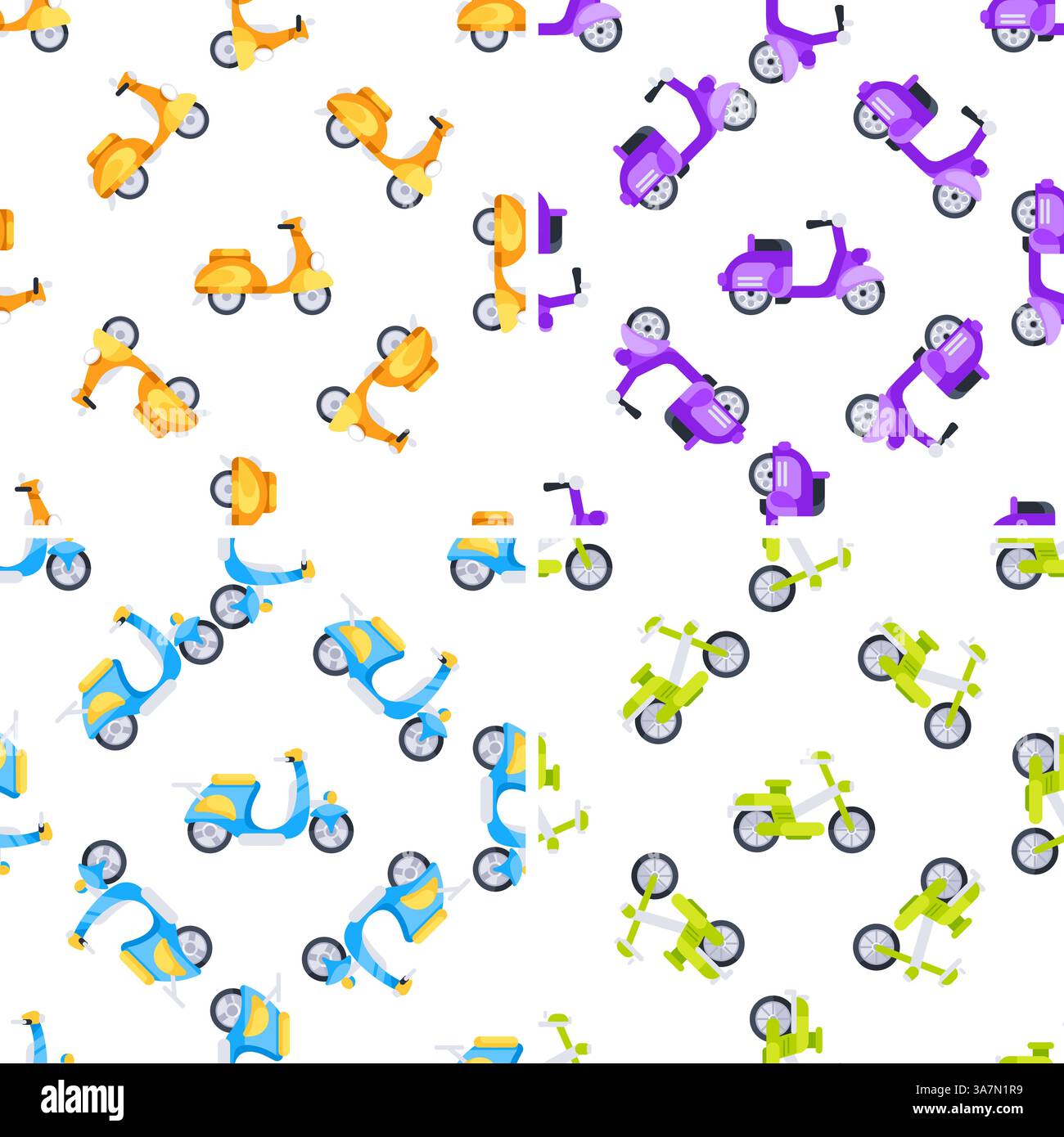 Colorful scooters and bikes composing a seamless pattern over white background Stock Vector