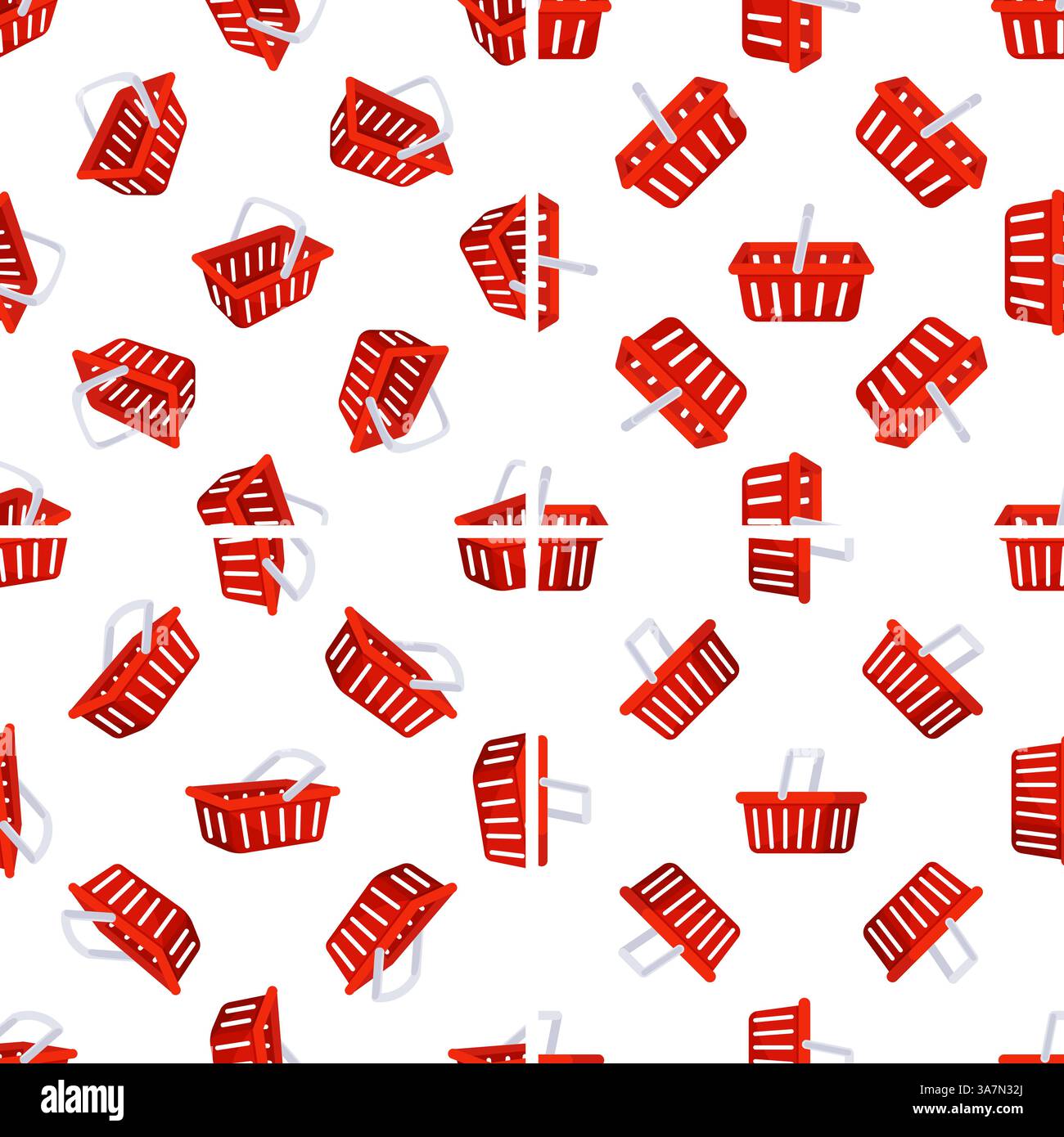Red Shopping Baskets Seamless Pattern on White Background Stock Vector