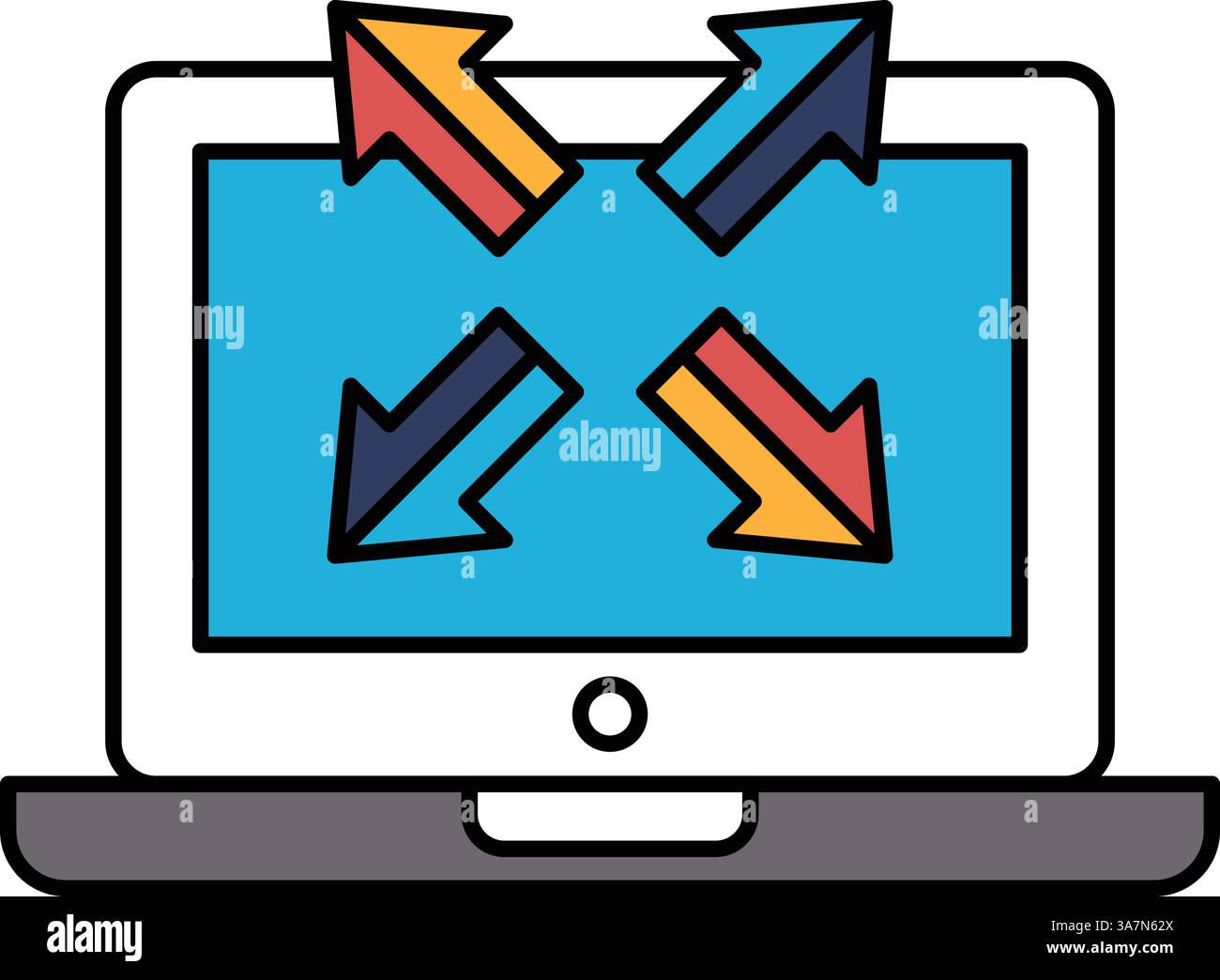 A computer monitor with four arrows pointing in different directions ...