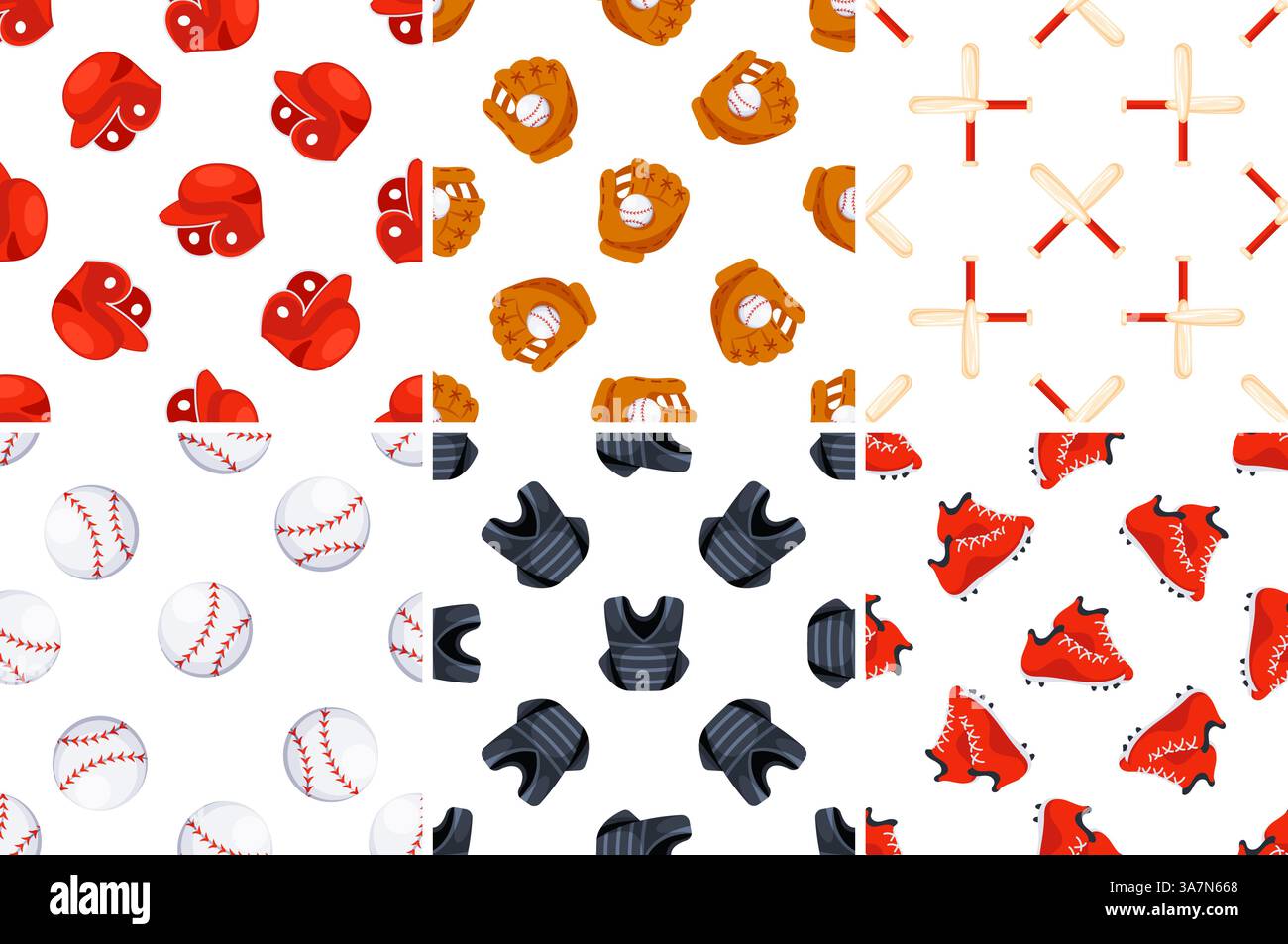 Seamless patterns with baseball equipment including balls, bats, gloves, helmets, cleats and chest protector Stock Vector