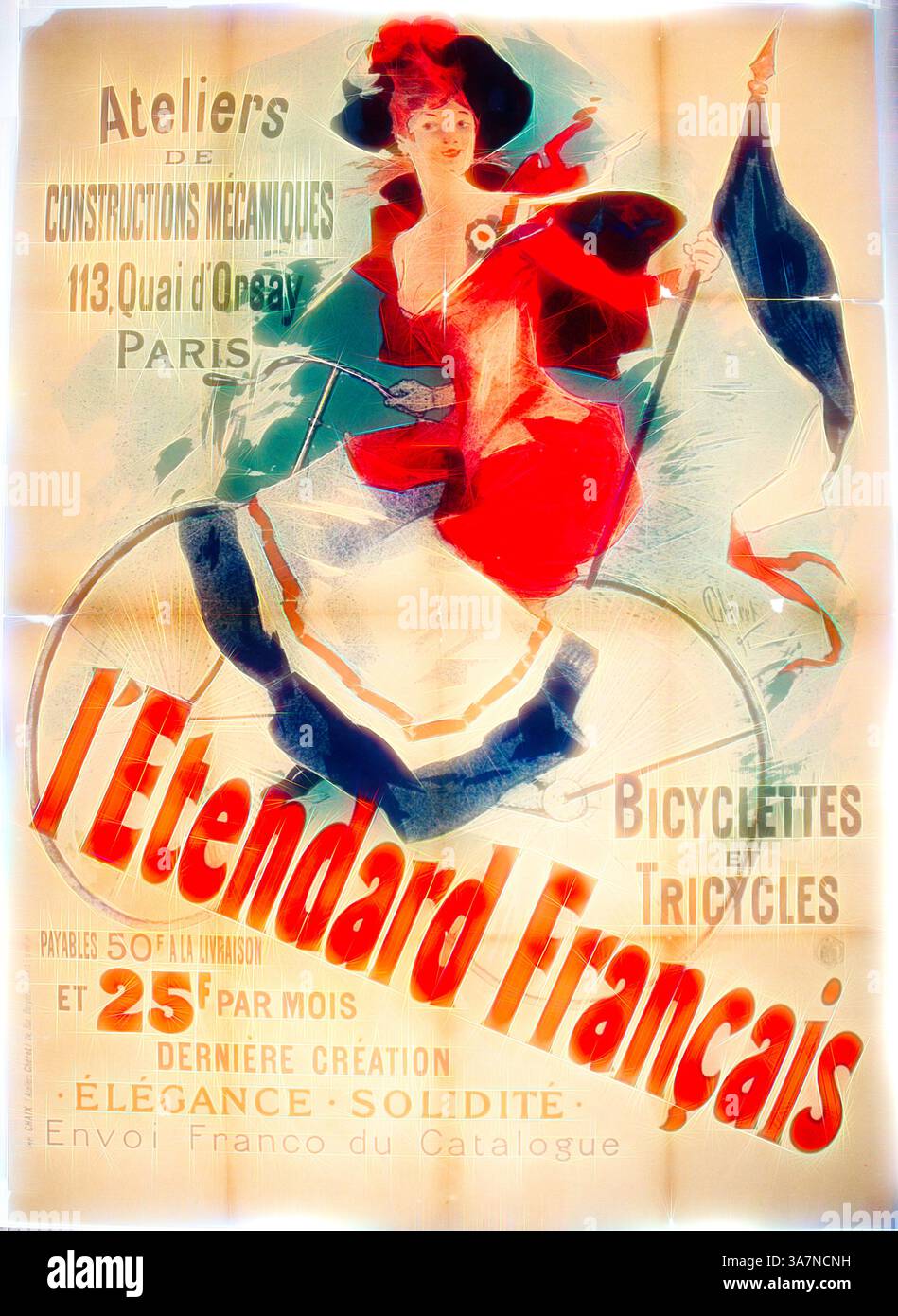 A vintage advertisement features an elegantly dressed woman riding a bicycle, set against a backdrop of intricate text detailing the offerings of a Parisian mechanical construction atelier. The design showcases the charm of early 20th-century graphic art, highlighting bicycles and tricycles with an emphasis on elegance and solidity., Classic art with a modern twist reimagined by Artotop, l’Etendard Francais, 1891, Jules Chéret, (French, 1836-1932), printed by Imprimerie Chaix, France, Color lithograph on cream wove paper Stock Photo