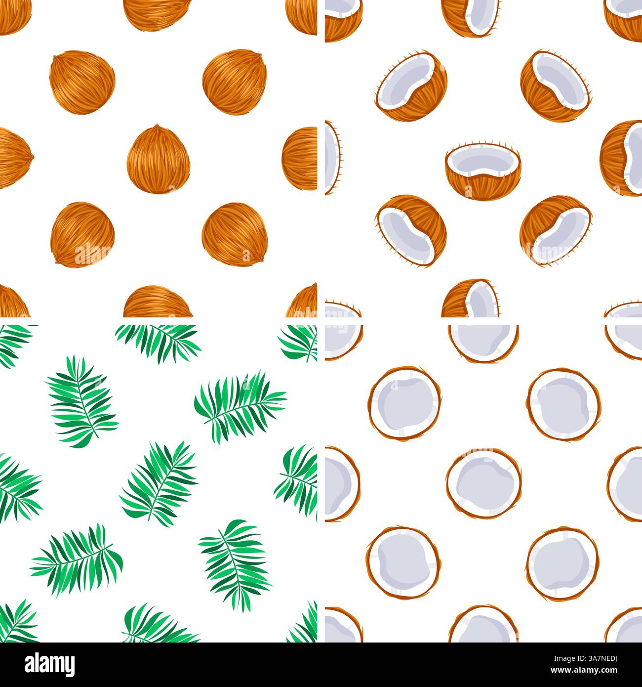 Seamless patterns with whole and halved coconuts and palm leaves on ...