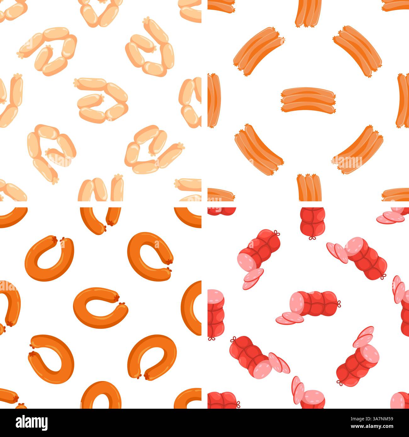 Seamless patterns with different types of sausages forming various compositions Stock Vector