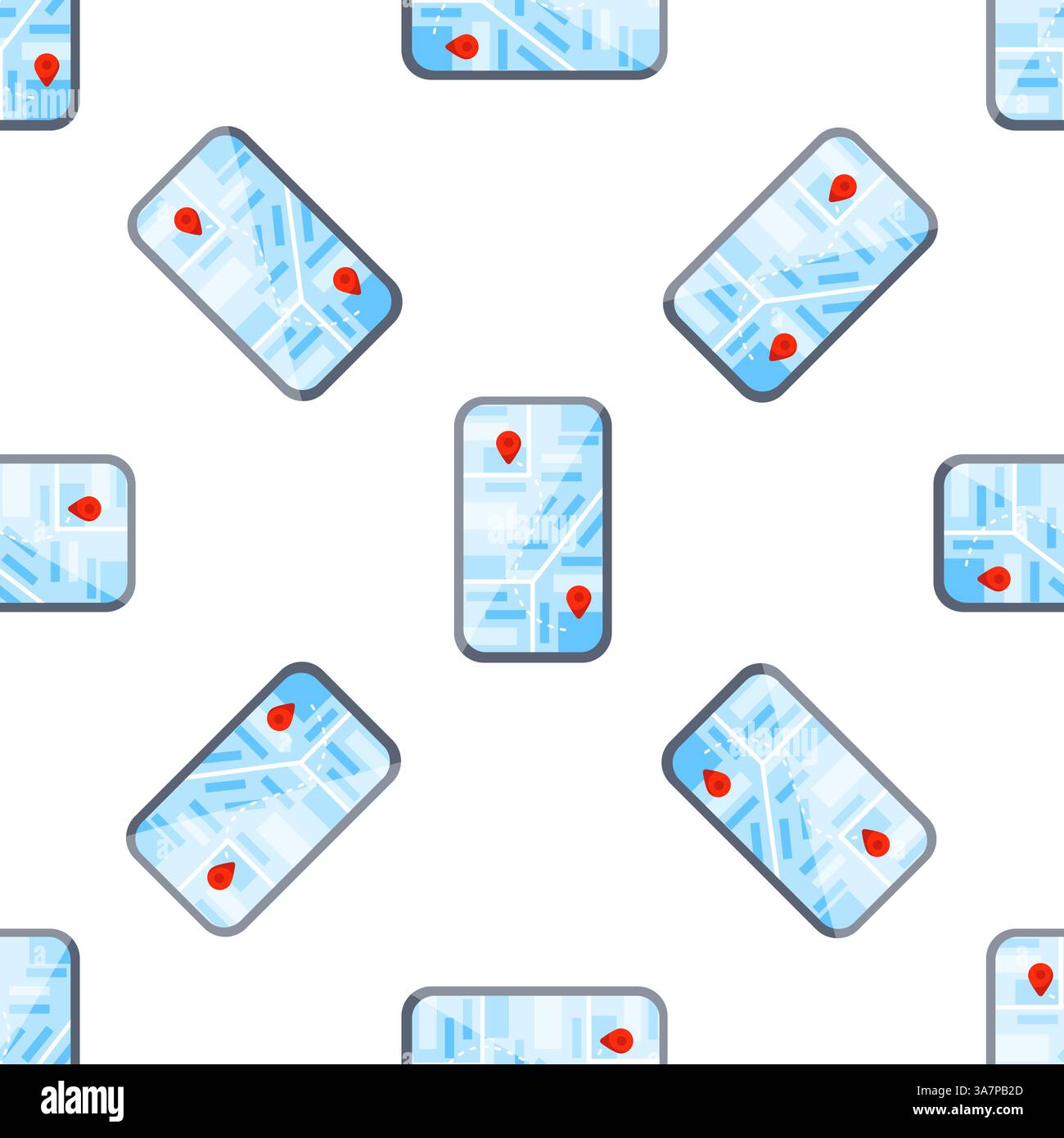 Seamless pattern of smartphone displaying map with gps tracking location, navigation app Stock Vector
