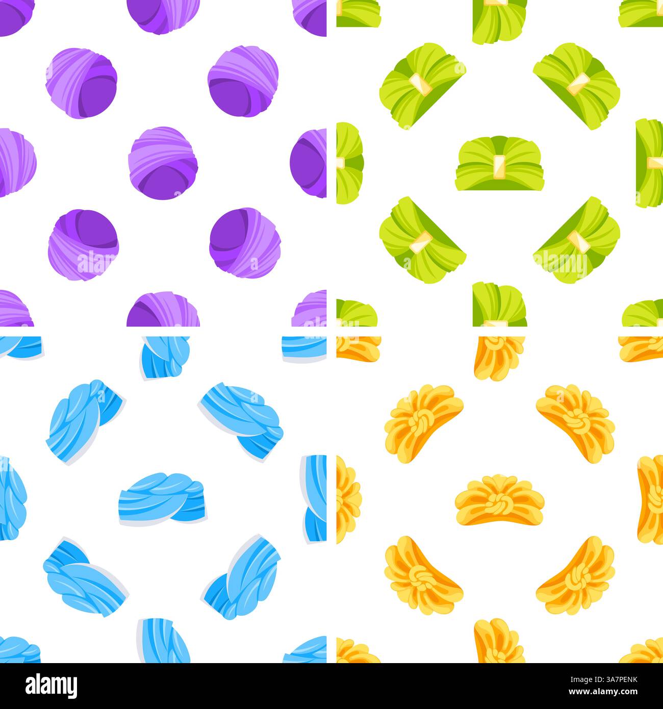 Colorful wool yarn balls and folded knitwear seamless pattern set Stock Vector