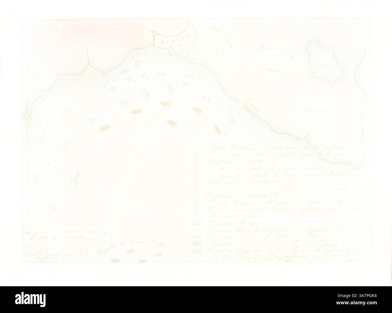 A faded nautical chart featuring an outline of a coastline with various ...