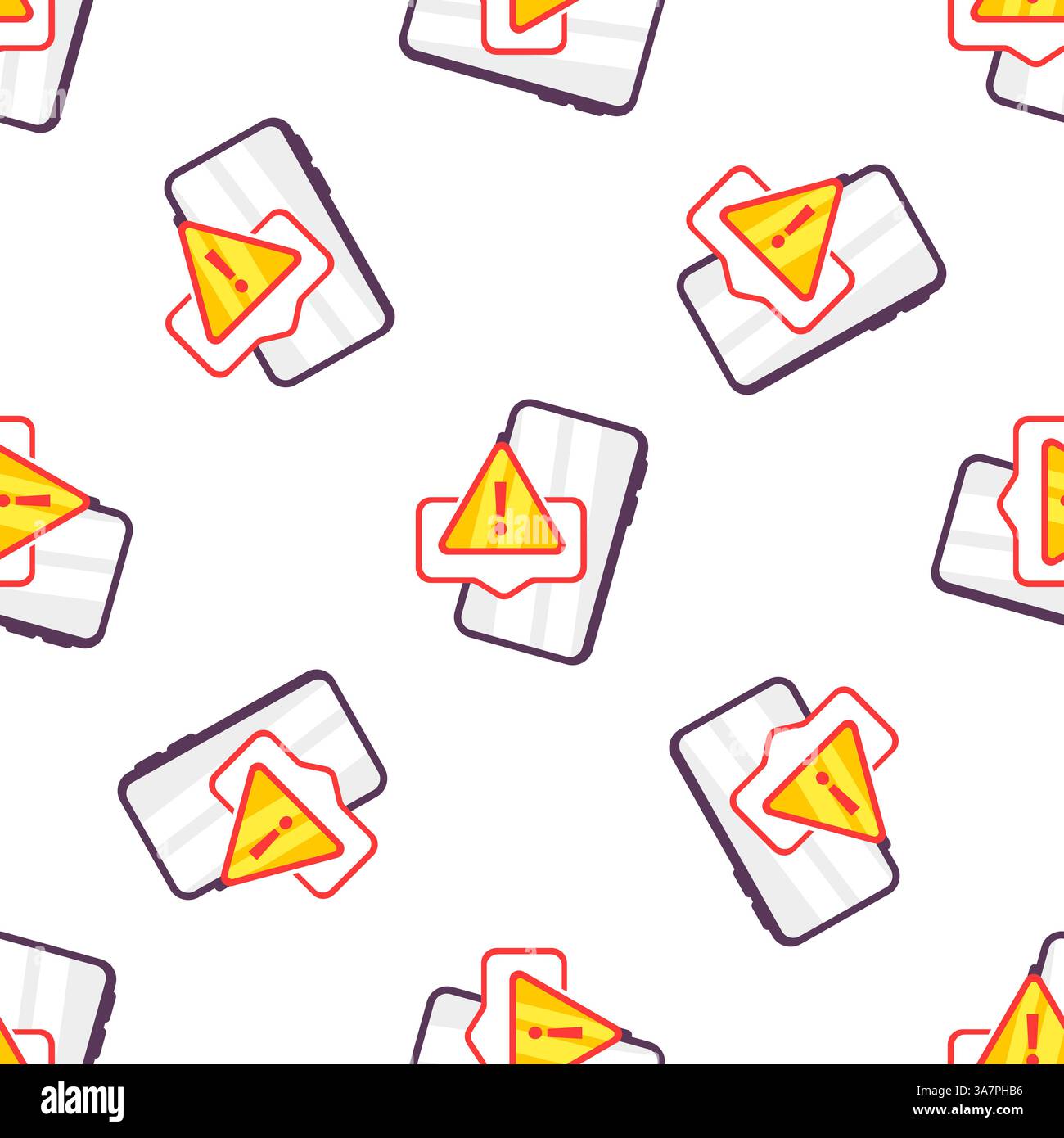 Smartphone displaying warning notification in seamless pattern Stock Vector