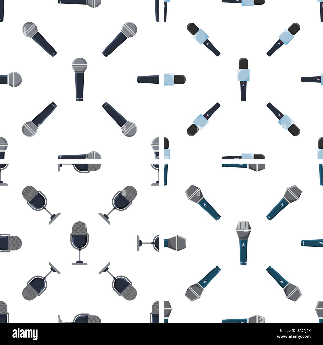 Microphones creating a seamless pattern on white background Stock Vector