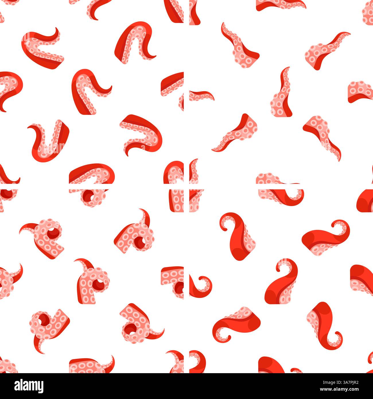Seamless pattern with red octopus tentacles showing suction cups on white background Stock Vector