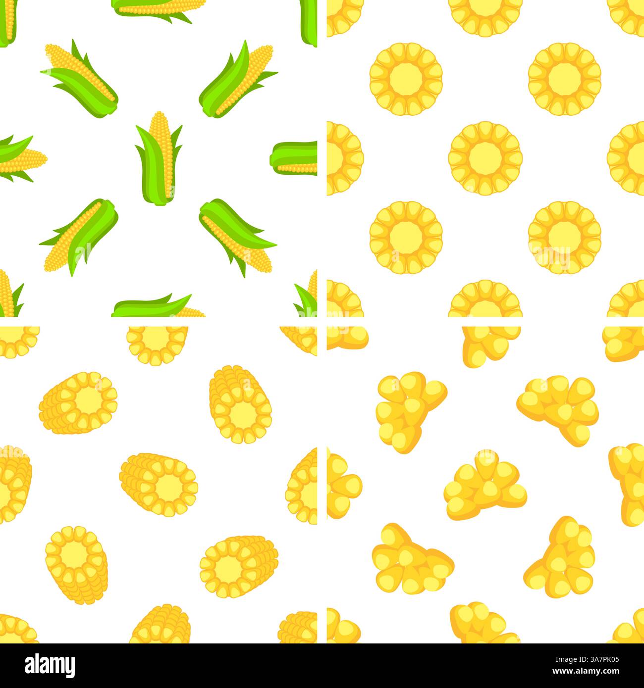 Seamless pattern showing corn cobs, slices and kernels on white background Stock Vector