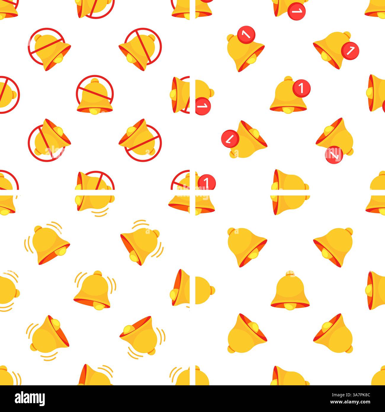 Seamless pattern with notification bells ringing and notification bells silenced on white background Stock Vector