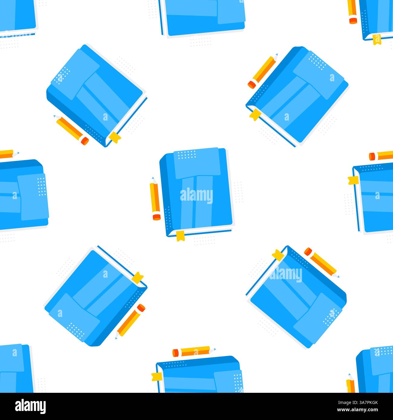Seamless pattern of blue books with bookmarks and pencils, symbolizing learning and education Stock Vector