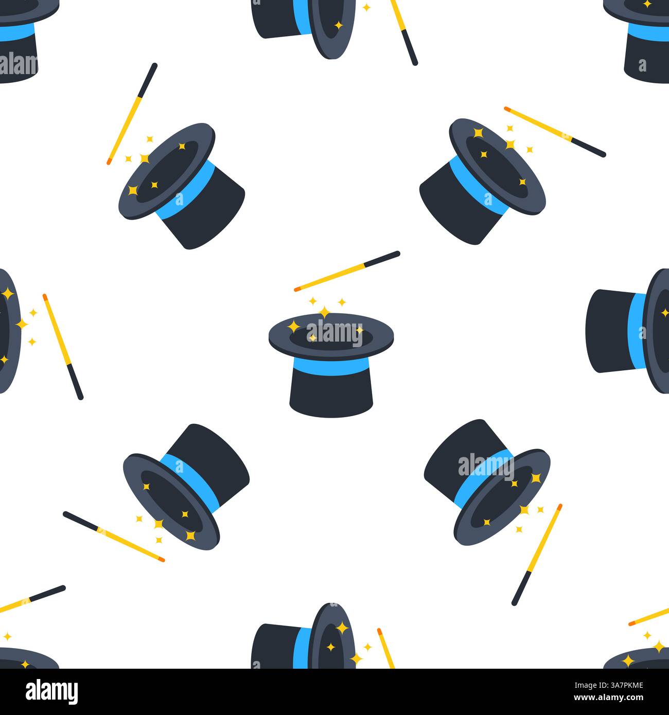 Magic wand making sparks over magician top hat seamless pattern Stock Vector