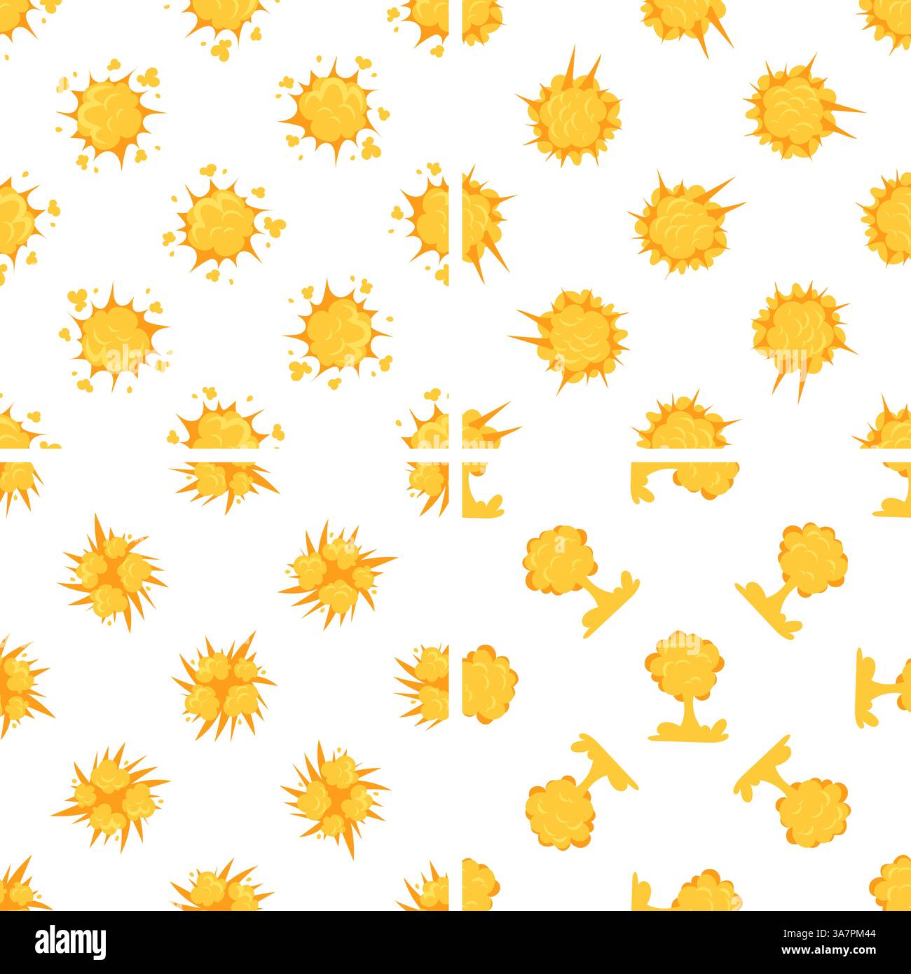 Seamless pattern of explosions exploding with yellow smoke clouds and fire flames Stock Vector