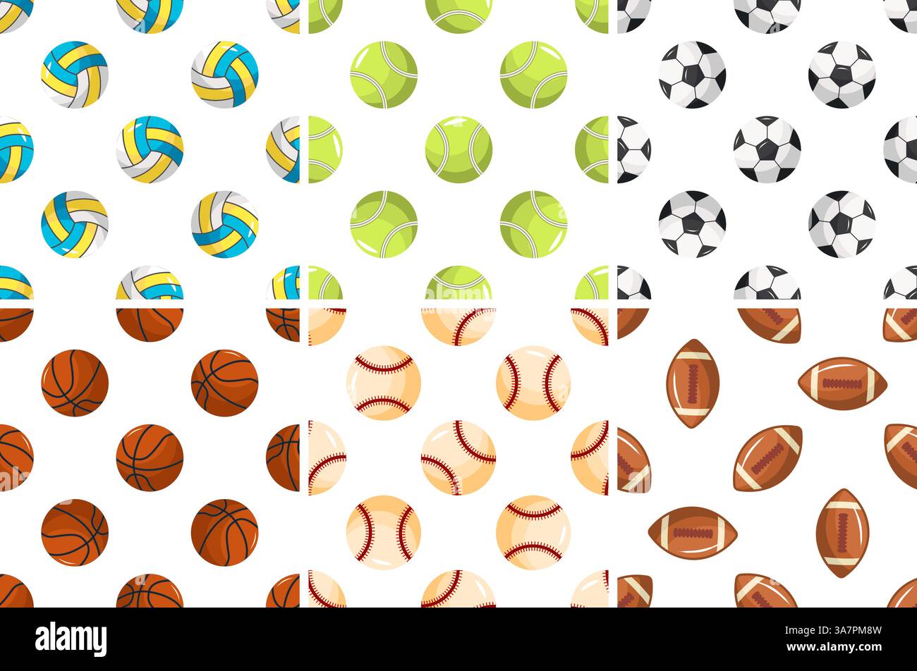 Sport ball pattern repeating on white background, including volleyball, tennis, soccer, basketball, baseball and rugby balls Stock Vector