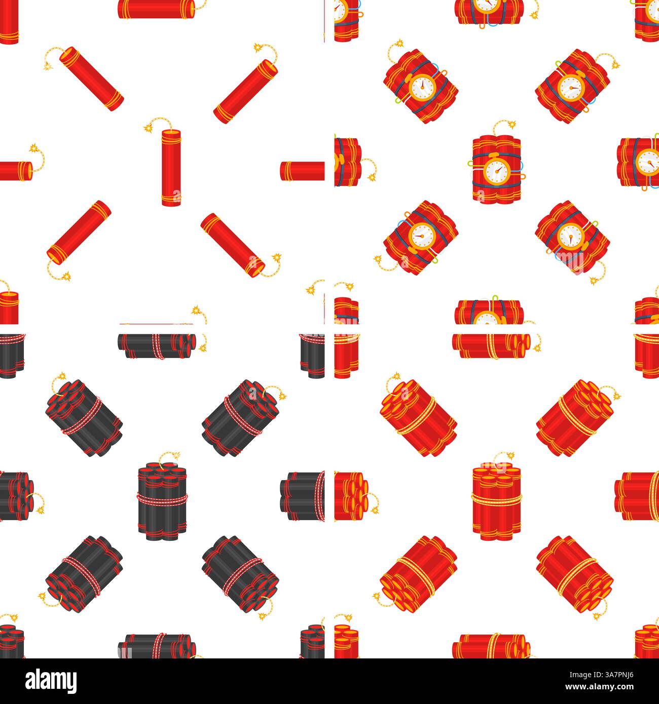 Dynamite and tnt explosives creating seamless pattern on white background Stock Vector