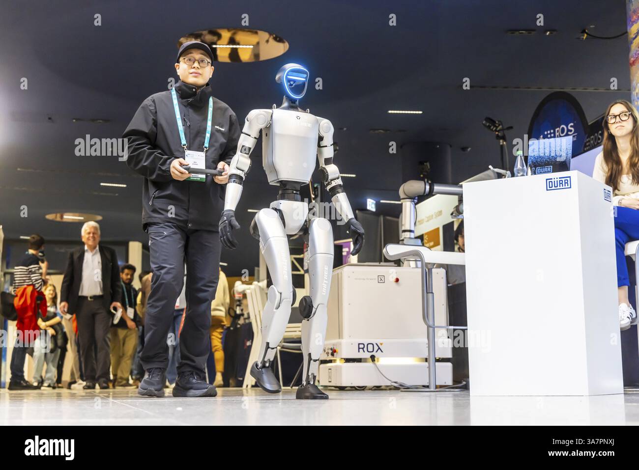 Unitree H1, H1-2, the first humanoid robot from the Chinese company Unitree. European Robotics Forum (ERF) in Stuttgart. The networking event brings t Stock Photo