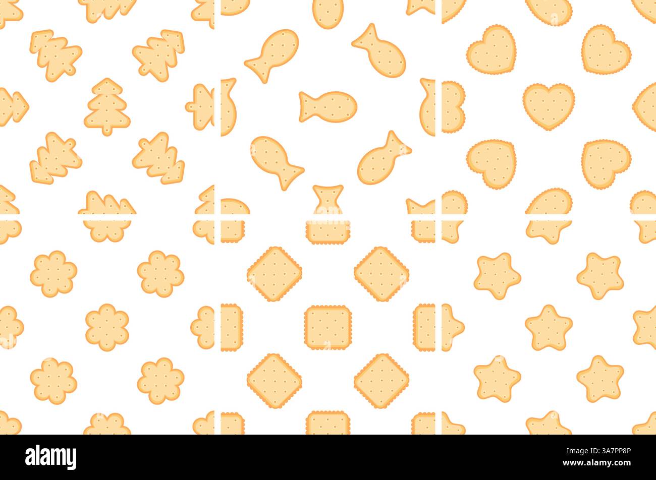 Delicious crackers forming various seamless patterns on white background Stock Vector