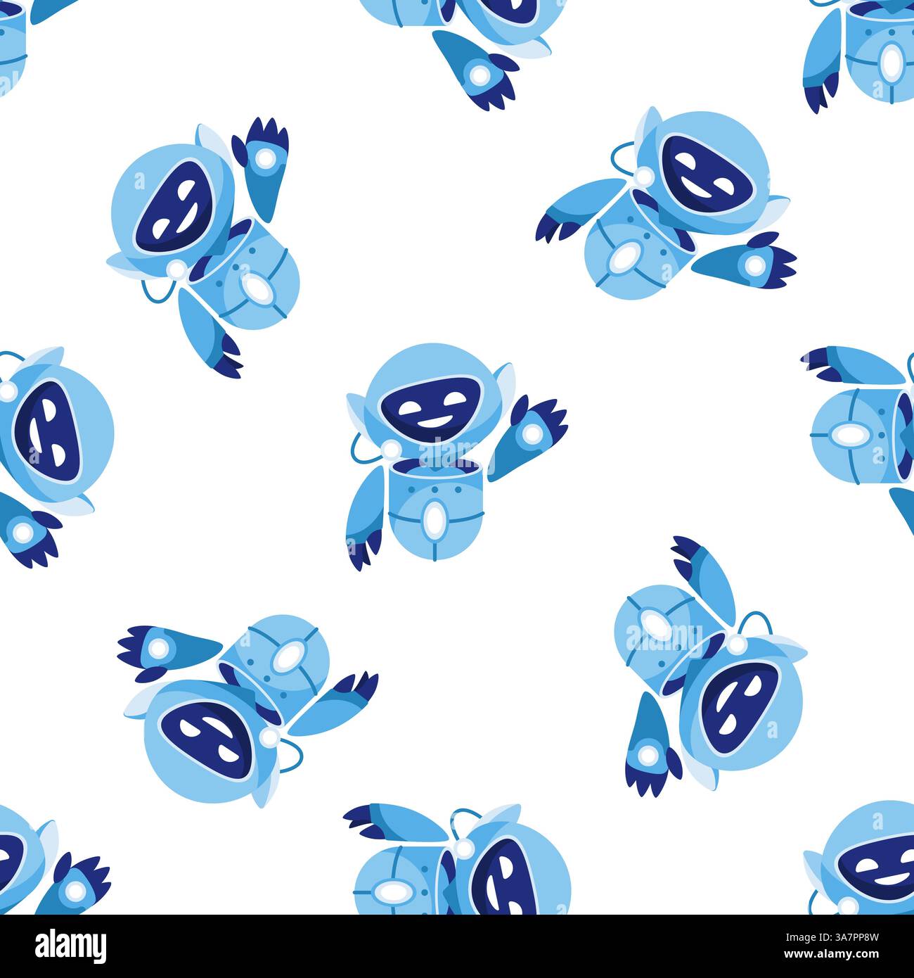 Cute blue robots waving seamless pattern on white background Stock Vector