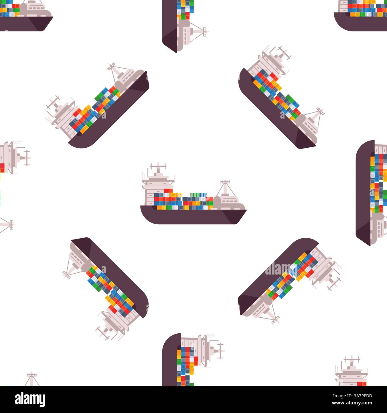 Cargo ship carrying colorful containers sailing on white background seamless pattern Stock Vector