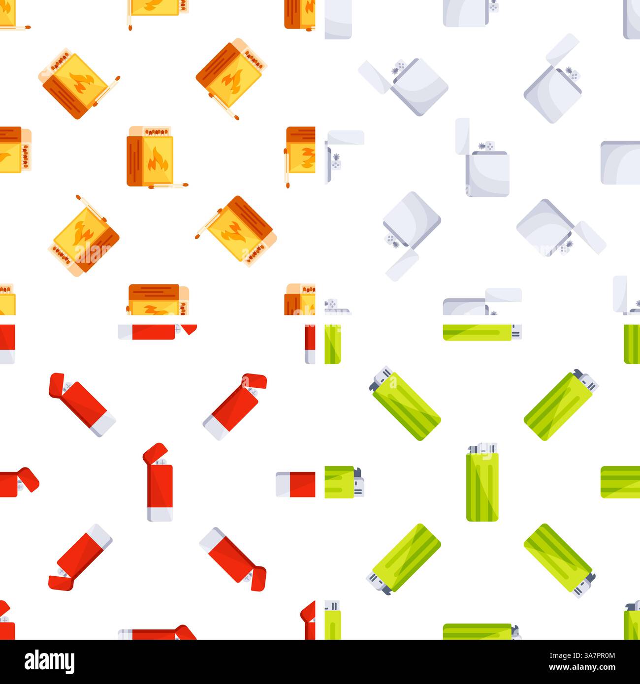 Seamless pattern with colorful lighters and matchboxes representing fire starting tools Stock Vector