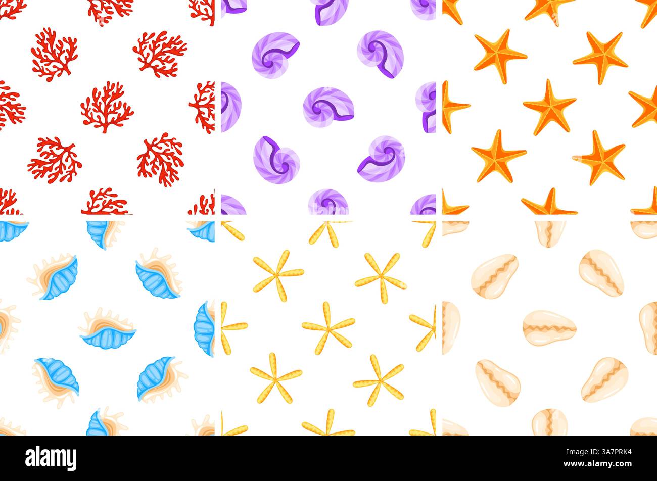 Seamless patterns with colorful seashells, corals and starfishes ...