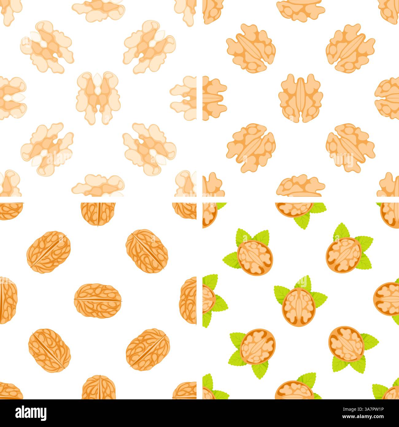 Four seamless patterns with peeled walnuts and walnut kernels Stock Vector