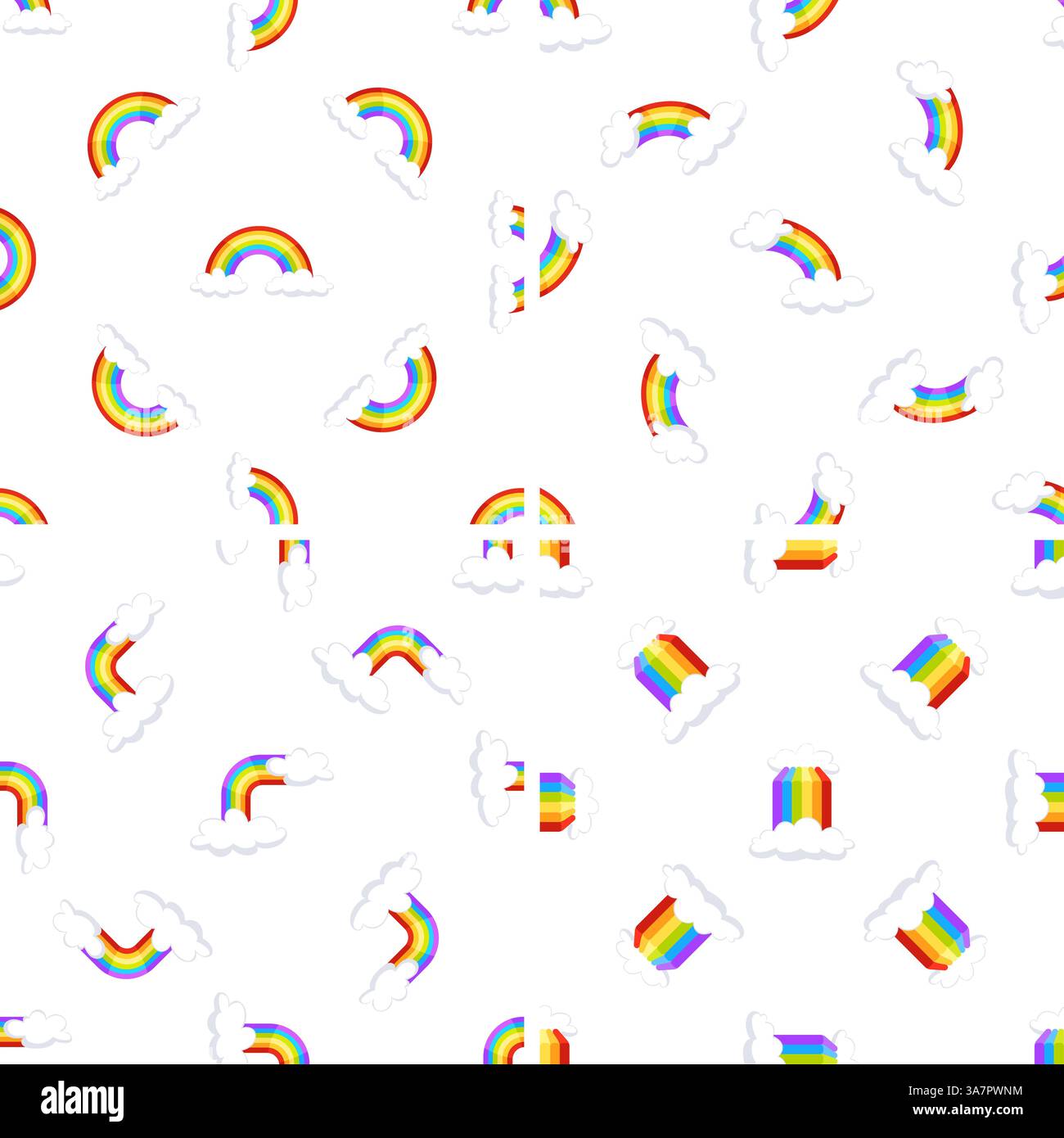 Colorful rainbows and clouds creating a seamless pattern on white ...