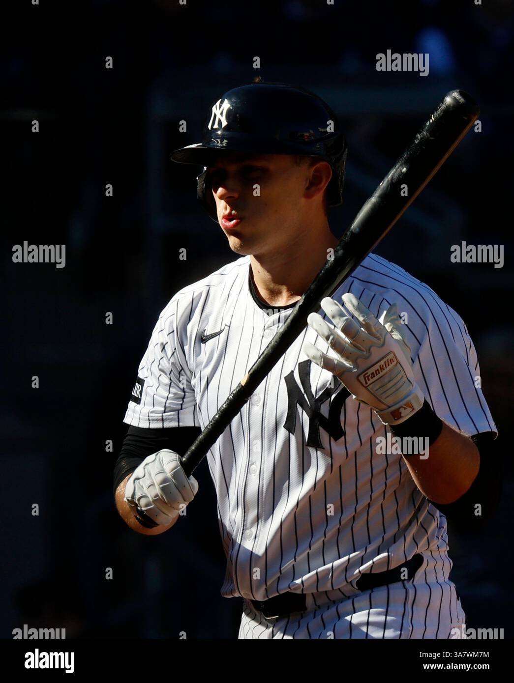 Sam Rice Yankee Stadium Bronx, United States. 27th Mar, 2025. New York Yankees Ben Rice reacts ...