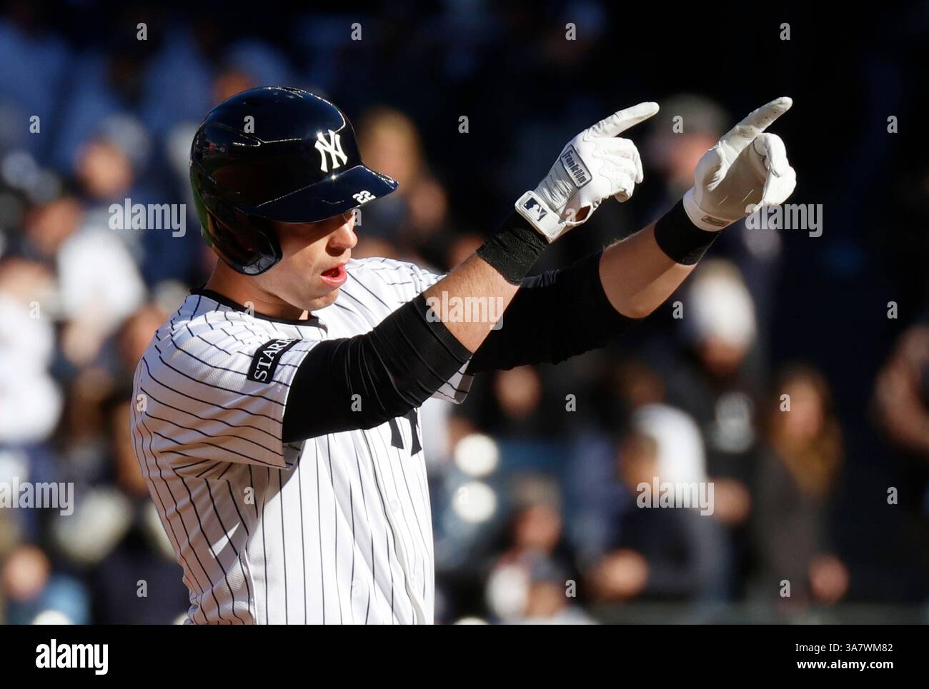 New York Yankees Ben Rice celebrates after reaching second base on a ...