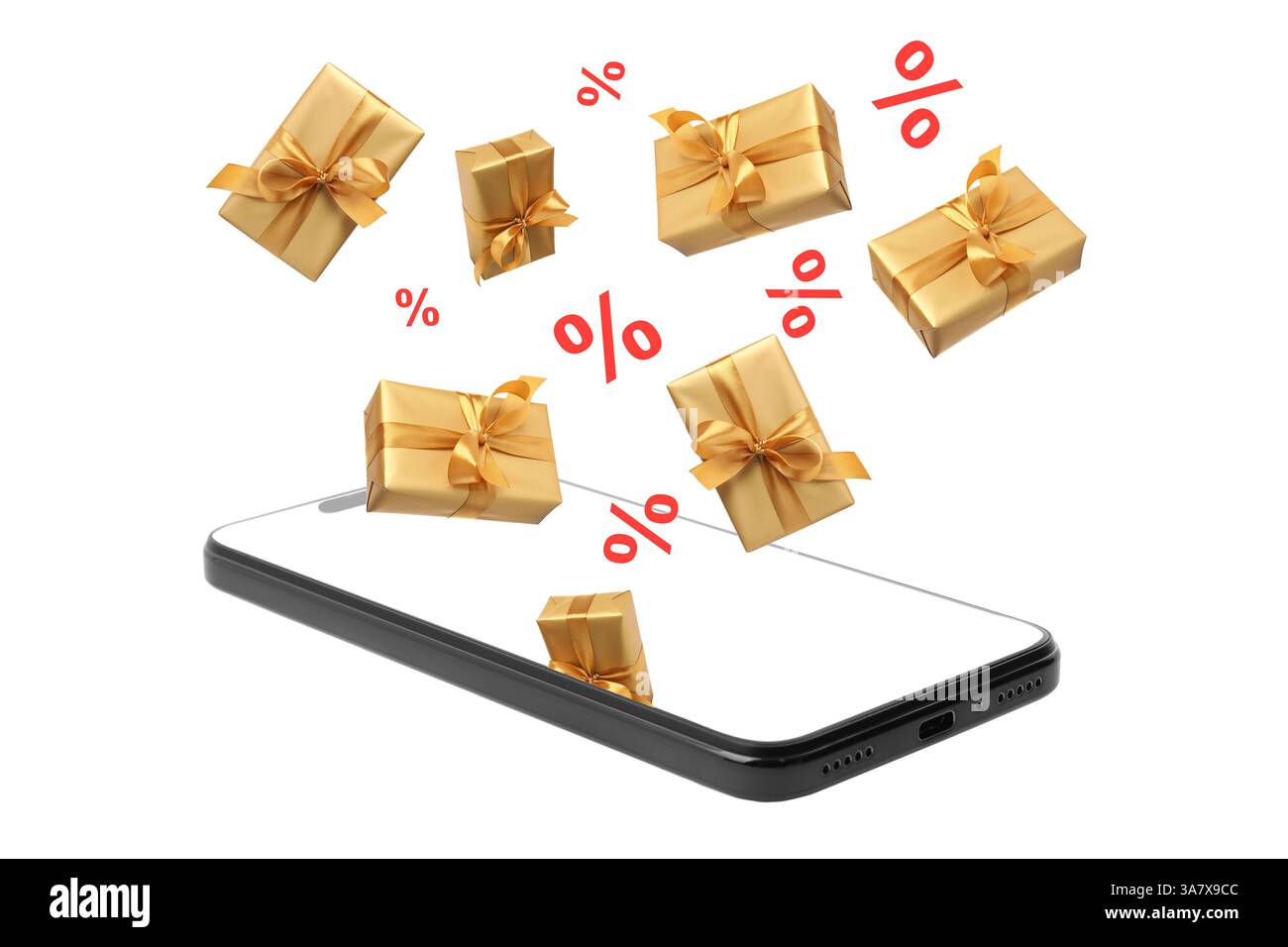 Bonus. Gift boxes and percent signs flying out of mobile phone on white ...