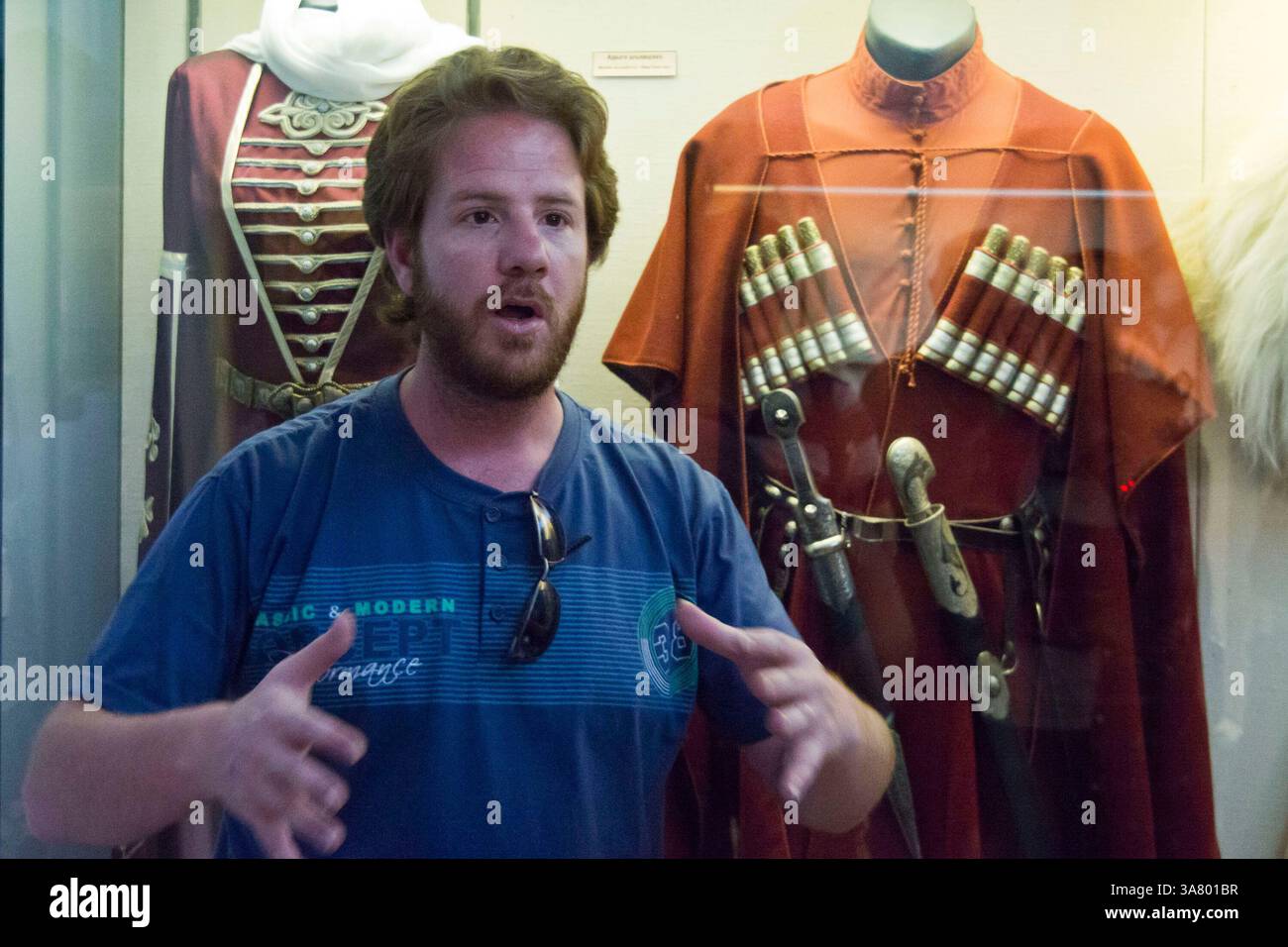 May 02, 2013 - Kfar Kama, Israel - DAVID SHAWGEN, employee of the Circassian Heritage Center, explains the warrior tradition of Circassian men in their native Caucasus origin. The Adyghe, Circassians or Cherkess, are a North Caucasian ethnic group, displaced in the Russian conquest of the Caucasus in the 19th century. (Credit Image: © Nir Alon/ZUMAPRESS.com) Stock Photo
