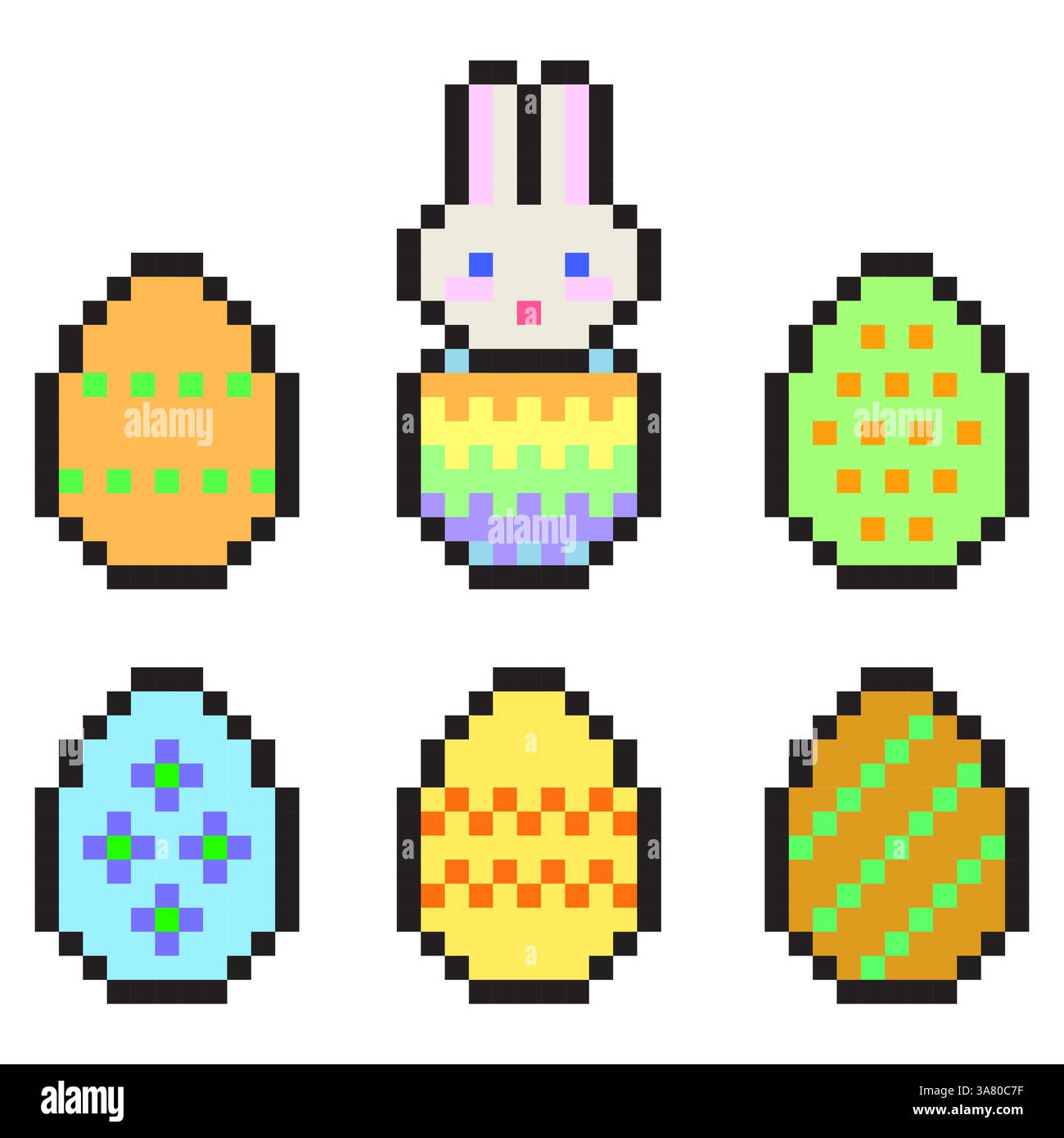 Pixel eggs set. Bunny in shell. Colorful easter theme. Vector festive design. Stock Vector