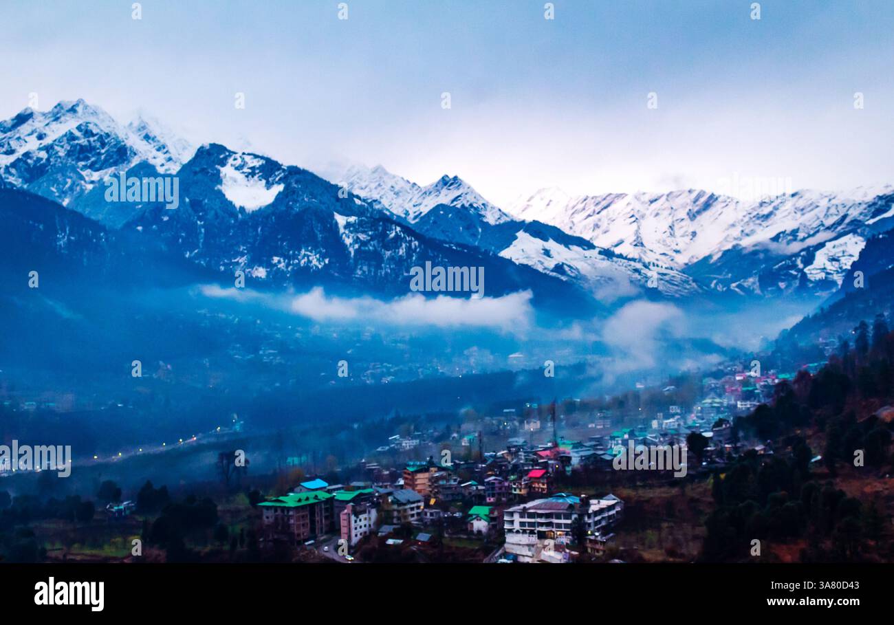 Manli View manali in india from top view with mist in the city during sunset Stock ...