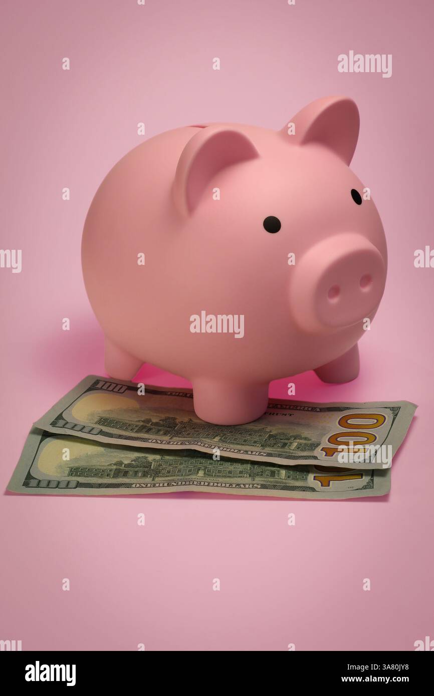 Close up of pink piggy bank with 100 dollar bills Stock Photo - Alamy