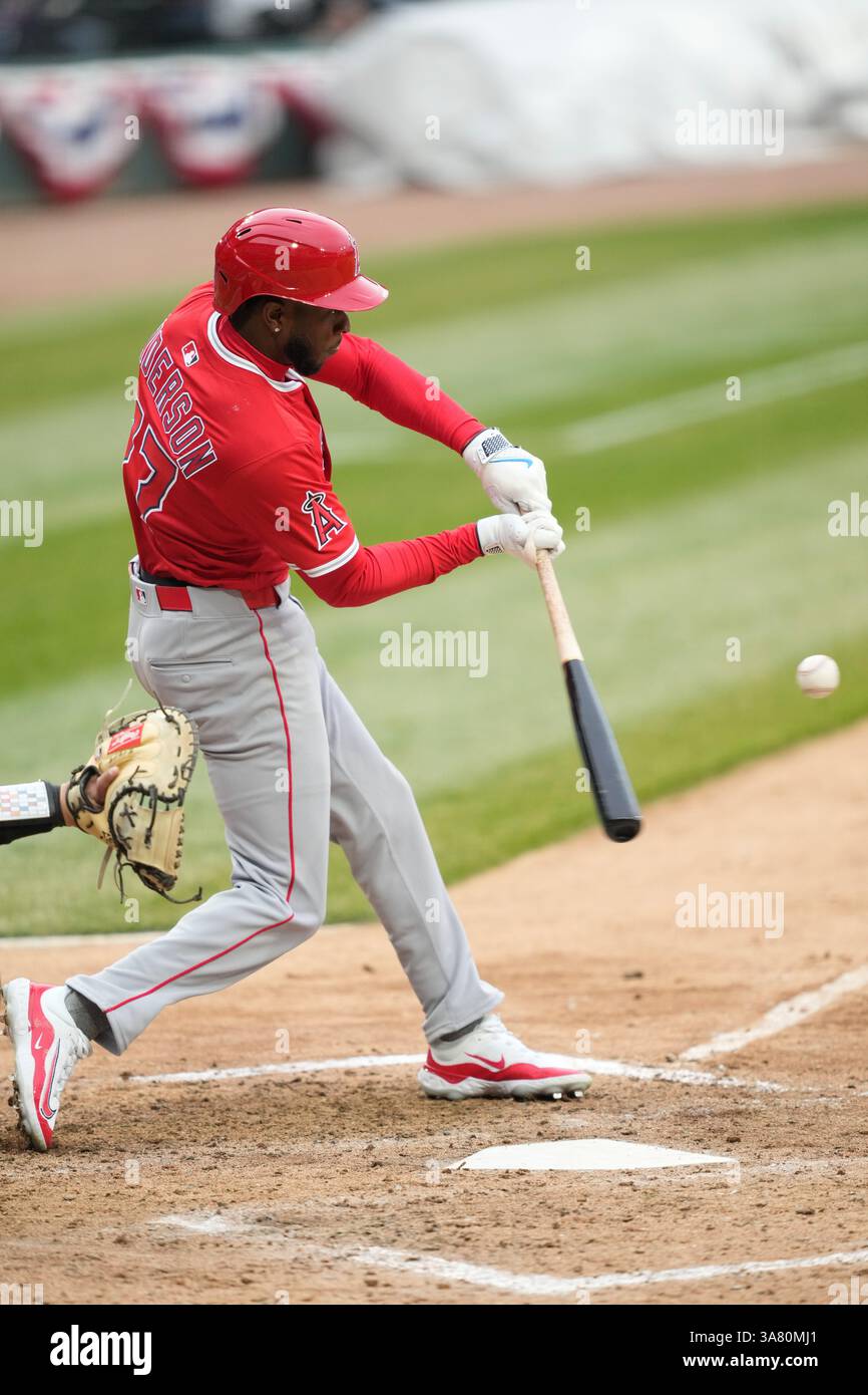 Los Angeles Angels second baseman Tim Anderson (77) connects with a ...