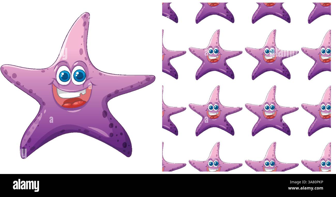 A vibrant vector illustration featuring a smiling starfish in a seamless pattern. Perfect for playful designs and children's themes Stock Vector