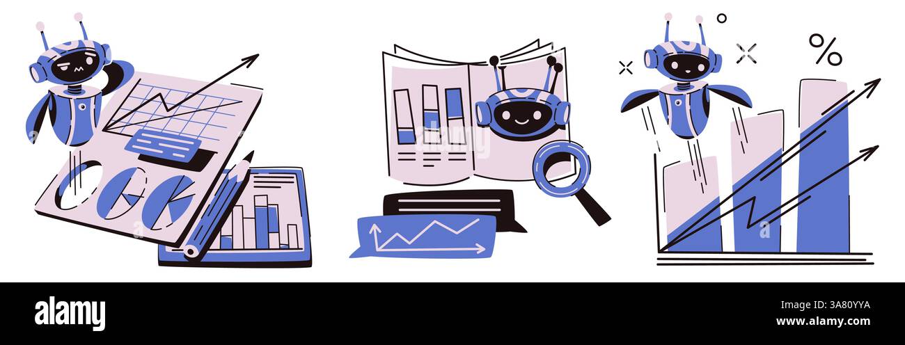 Robot analytics set - cute chatbot assistant analyzing business data, financial charts and infographics. Smiling bots with statistics graphs, magnifying glass, documents for analytics, ai technology. Stock Vector